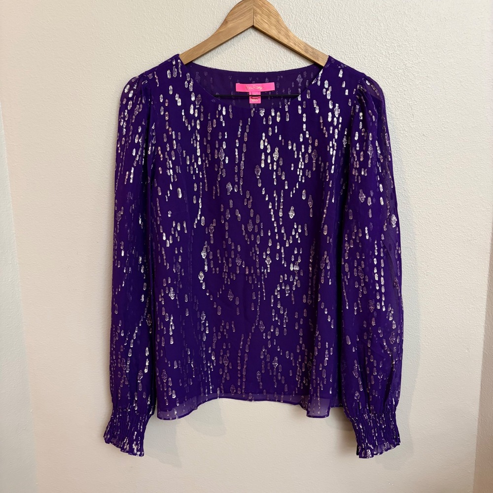 Lilly Pulitzer Idina Silk Top Blouse M Purple Metallic Gold Dot Lined Smocked